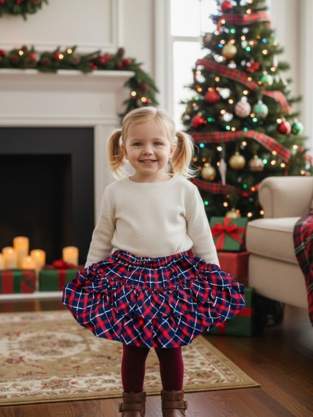 OshKosh B'gosh Girls Navy & Red Plaid Ruffle Skirt Size 4T Holiday EUC